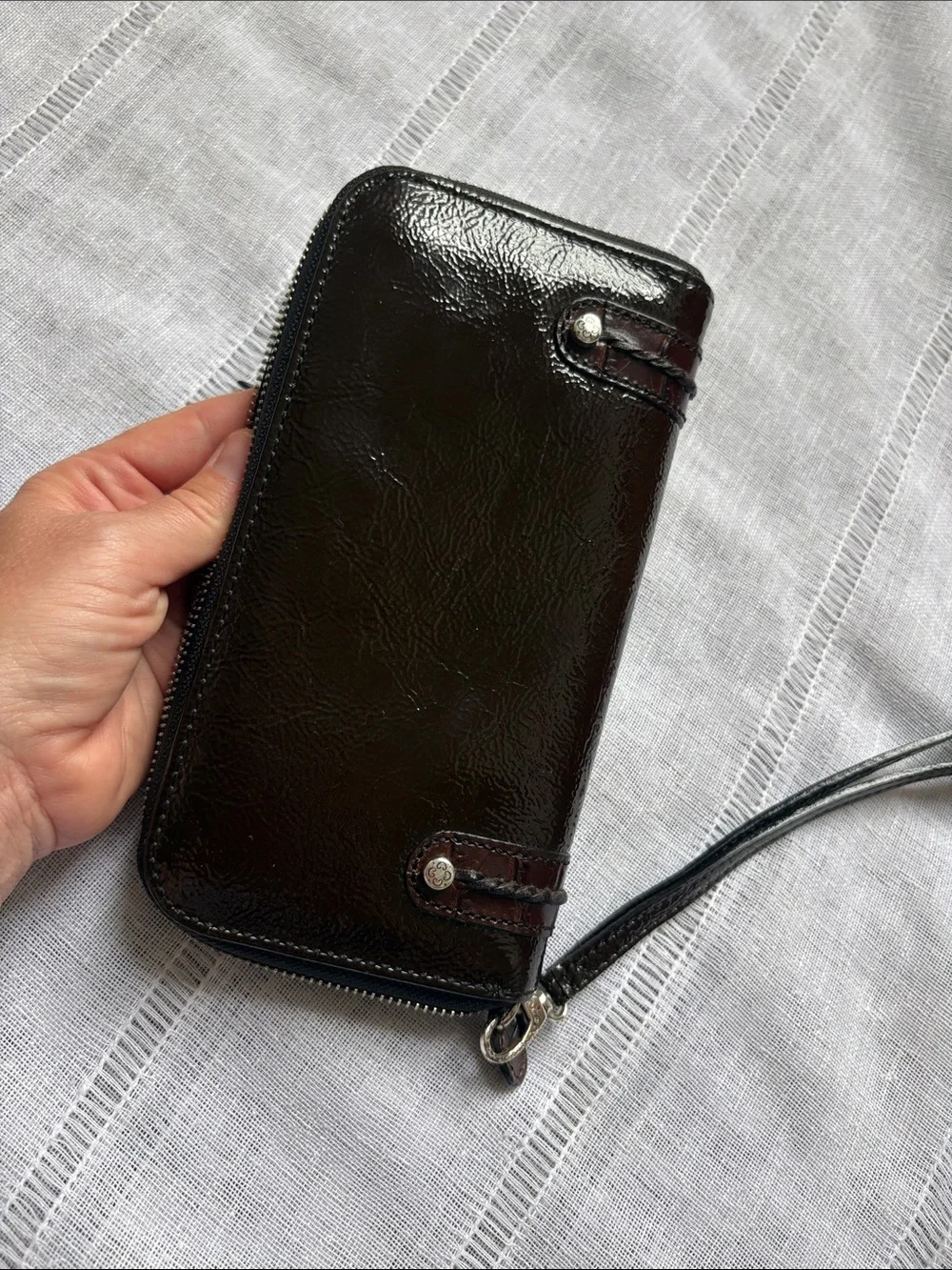 Brighton Dark Brown Patent Leather  Zip-Around Wristlet Wallet